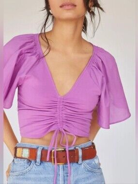 Anthropologie Flutter Sleeve Drawstring V-Neck Crop Top